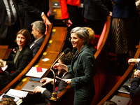 In Paris, France, on October 29, 2024, Sandrine Rousseau, deputy of the Ecologiste et Social group, speaks during the public session followi...