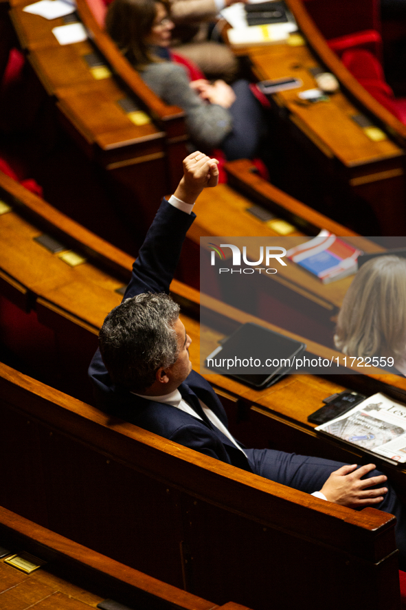 Gerald Darmanin, deputy of the Ensemble pour la Republique parliamentary group, is seen during the public session following the discussion o...