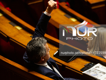 Gerald Darmanin, deputy of the Ensemble pour la Republique parliamentary group, is seen during the public session following the discussion o...