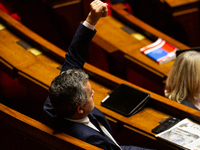 Gerald Darmanin, deputy of the Ensemble pour la Republique parliamentary group, is seen during the public session following the discussion o...