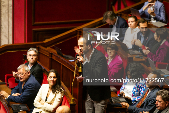 Manuel Bompard, deputy of La France Insoumise - Nouveau Front Populaire group, speaks during the public session following the discussion of...