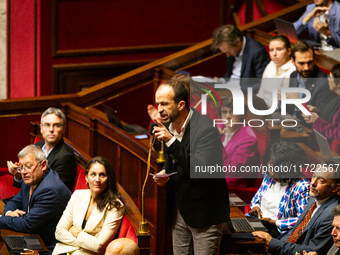 Manuel Bompard, deputy of La France Insoumise - Nouveau Front Populaire group, speaks during the public session following the discussion of...