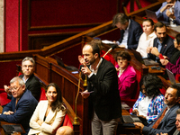 Manuel Bompard, deputy of La France Insoumise - Nouveau Front Populaire group, speaks during the public session following the discussion of...