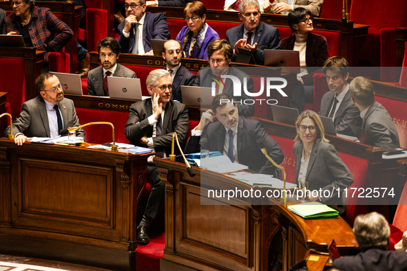 In Paris, France, on October 29, 2024, the view from the ministers' bench includes Yannick Neuder, deputy DR, Frederic Valletoux, deputy Hor...