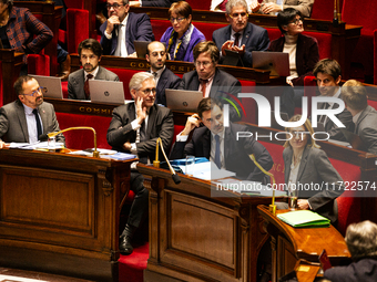 In Paris, France, on October 29, 2024, the view from the ministers' bench includes Yannick Neuder, deputy DR, Frederic Valletoux, deputy Hor...