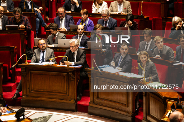 In Paris, France, on October 29, 2024, the view from the ministers' bench includes Yannick Neuder, deputy DR, Frederic Valletoux, deputy Hor...