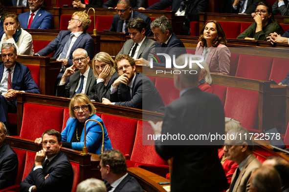 In Paris, France, on October 29, 2024, deputies of the Ensemble pour la Republique parliamentary group listen to the speech of Laurent Wauqu...