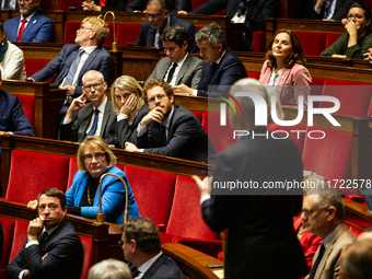 In Paris, France, on October 29, 2024, deputies of the Ensemble pour la Republique parliamentary group listen to the speech of Laurent Wauqu...