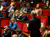 In Paris, France, on October 29, 2024, deputies of the Ensemble pour la Republique parliamentary group listen to the speech of Laurent Wauqu...