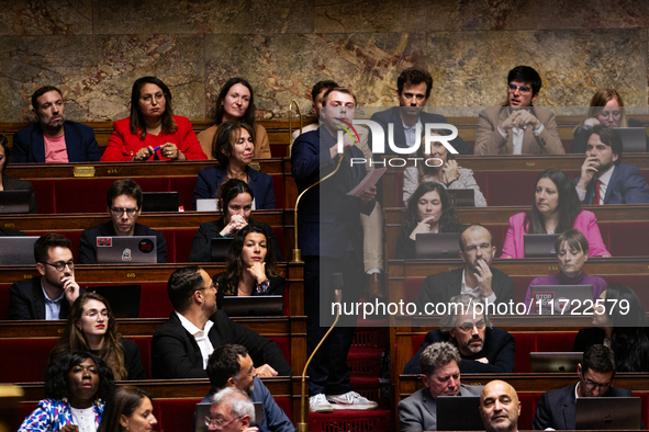 Louis Boyard, deputy of the La France Insoumise - Nouveau Front Populaire parliamentary group, speaks during the public session following th...