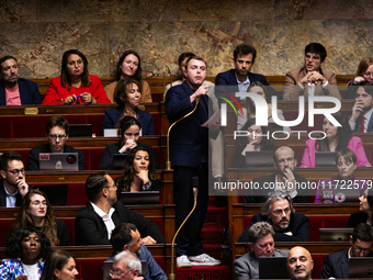 Louis Boyard, deputy of the La France Insoumise - Nouveau Front Populaire parliamentary group, speaks during the public session following th...