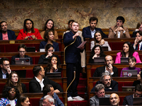 Louis Boyard, deputy of the La France Insoumise - Nouveau Front Populaire parliamentary group, speaks during the public session following th...