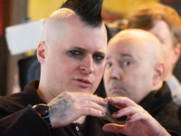 Ronald Hubner, a member of the punk band Broilers, talks to the press on the red carpet of Roncalli's Apollo Variety Theatre in Duesseldorf,...