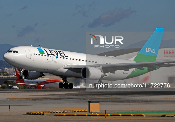 An Airbus A330-202 from LEVEL takes off from Barcelona El Prat airport in Barcelona, Spain, on October 8, 2024. 