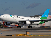 An Airbus A330-202 from LEVEL takes off from Barcelona El Prat airport in Barcelona, Spain, on October 8, 2024. (