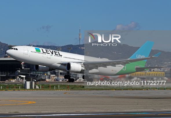 An Airbus A330-202 from LEVEL takes off from Barcelona El Prat airport in Barcelona, Spain, on October 8, 2024. 