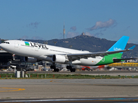 An Airbus A330-202 from LEVEL takes off from Barcelona El Prat airport in Barcelona, Spain, on October 8, 2024. (