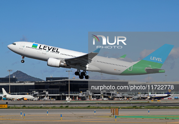 An Airbus A330-202 from LEVEL takes off from Barcelona El Prat airport in Barcelona, Spain, on October 8, 2024. 