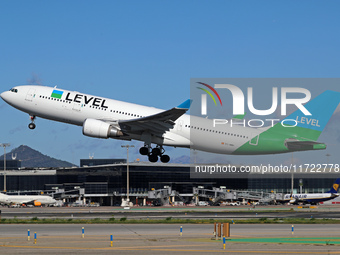 An Airbus A330-202 from LEVEL takes off from Barcelona El Prat airport in Barcelona, Spain, on October 8, 2024. (