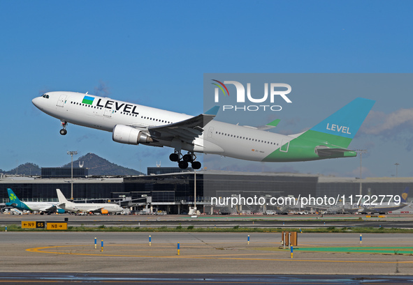 An Airbus A330-202 from LEVEL takes off from Barcelona El Prat airport in Barcelona, Spain, on October 8, 2024. 