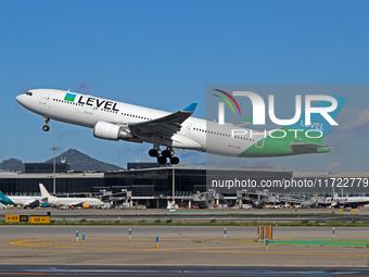 An Airbus A330-202 from LEVEL takes off from Barcelona El Prat airport in Barcelona, Spain, on October 8, 2024. (