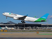 An Airbus A330-202 from LEVEL takes off from Barcelona El Prat airport in Barcelona, Spain, on October 8, 2024. (