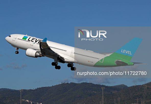 An Airbus A330-202 from LEVEL takes off from Barcelona El Prat airport in Barcelona, Spain, on October 8, 2024. 