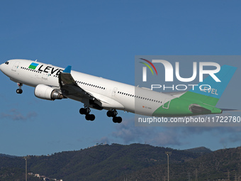 An Airbus A330-202 from LEVEL takes off from Barcelona El Prat airport in Barcelona, Spain, on October 8, 2024. (