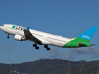 An Airbus A330-202 from LEVEL takes off from Barcelona El Prat airport in Barcelona, Spain, on October 8, 2024. (