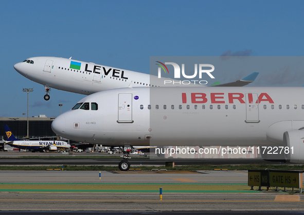 An Airbus A330-202 from LEVEL takes off from Barcelona El Prat airport in Barcelona, Spain, on October 8, 2024. 