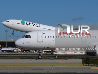 An Airbus A330-202 from LEVEL takes off from Barcelona El Prat airport in Barcelona, Spain, on October 8, 2024. (