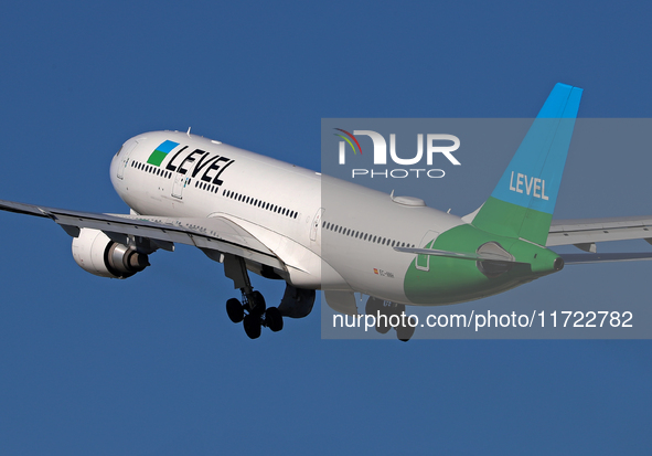 An Airbus A330-202 from LEVEL takes off from Barcelona El Prat airport in Barcelona, Spain, on October 8, 2024. 