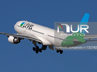 An Airbus A330-202 from LEVEL takes off from Barcelona El Prat airport in Barcelona, Spain, on October 8, 2024. (