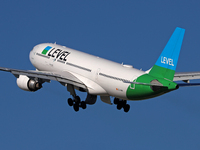 An Airbus A330-202 from LEVEL takes off from Barcelona El Prat airport in Barcelona, Spain, on October 8, 2024. (