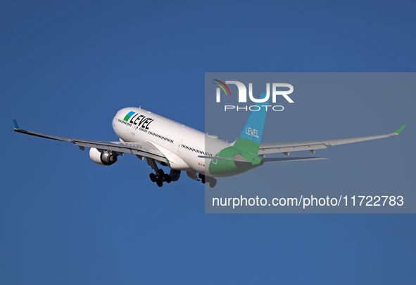 An Airbus A330-202 from LEVEL takes off from Barcelona El Prat airport in Barcelona, Spain, on October 8, 2024. 