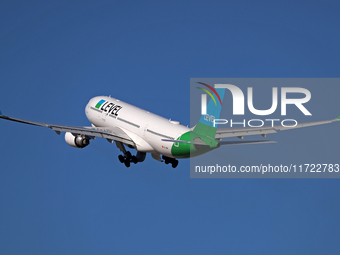 An Airbus A330-202 from LEVEL takes off from Barcelona El Prat airport in Barcelona, Spain, on October 8, 2024. (