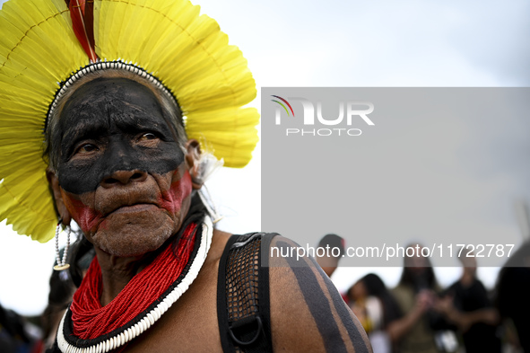 Indigenous leaders hold an act in Brasilia, Brazil, on October 30, 2024, to protest against PEC48, which defines a time frame for demarcatin...