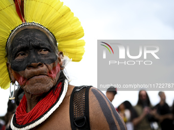 Indigenous leaders hold an act in Brasilia, Brazil, on October 30, 2024, to protest against PEC48, which defines a time frame for demarcatin...