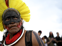 Indigenous leaders hold an act in Brasilia, Brazil, on October 30, 2024, to protest against PEC48, which defines a time frame for demarcatin...