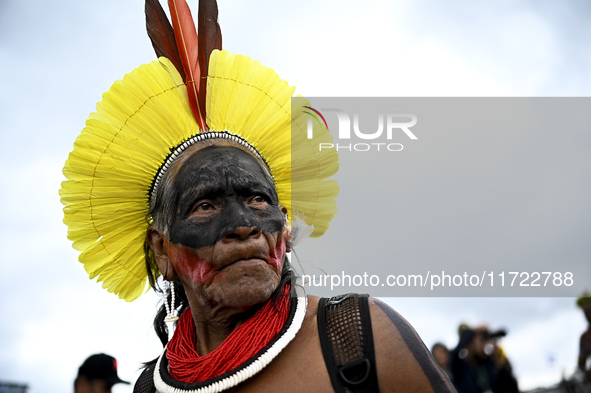 Indigenous leaders hold an act in Brasilia, Brazil, on October 30, 2024, to protest against PEC48, which defines a time frame for demarcatin...