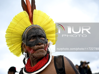 Indigenous leaders hold an act in Brasilia, Brazil, on October 30, 2024, to protest against PEC48, which defines a time frame for demarcatin...