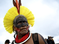 Indigenous leaders hold an act in Brasilia, Brazil, on October 30, 2024, to protest against PEC48, which defines a time frame for demarcatin...