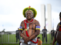 Indigenous leaders hold an act in Brasilia, Brazil, on October 30, 2024, to protest against PEC48, which defines a time frame for demarcatin...