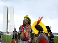 Indigenous leaders hold an act in Brasilia, Brazil, on October 30, 2024, to protest against PEC48, which defines a time frame for demarcatin...