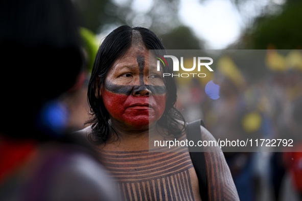 Indigenous leaders hold an act in Brasilia, Brazil, on October 30, 2024, to protest against PEC48, which defines a time frame for demarcatin...