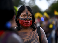 Indigenous leaders hold an act in Brasilia, Brazil, on October 30, 2024, to protest against PEC48, which defines a time frame for demarcatin...