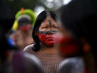 Indigenous leaders hold an act in Brasilia, Brazil, on October 30, 2024, to protest against PEC48, which defines a time frame for demarcatin...