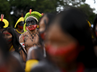 Indigenous leaders hold an act in Brasilia, Brazil, on October 30, 2024, to protest against PEC48, which defines a time frame for demarcatin...