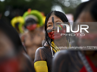 Indigenous leaders hold an act in Brasilia, Brazil, on October 30, 2024, to protest against PEC48, which defines a time frame for demarcatin...