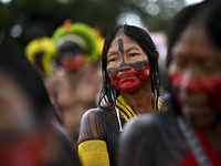 Indigenous leaders hold an act in Brasilia, Brazil, on October 30, 2024, to protest against PEC48, which defines a time frame for demarcatin...